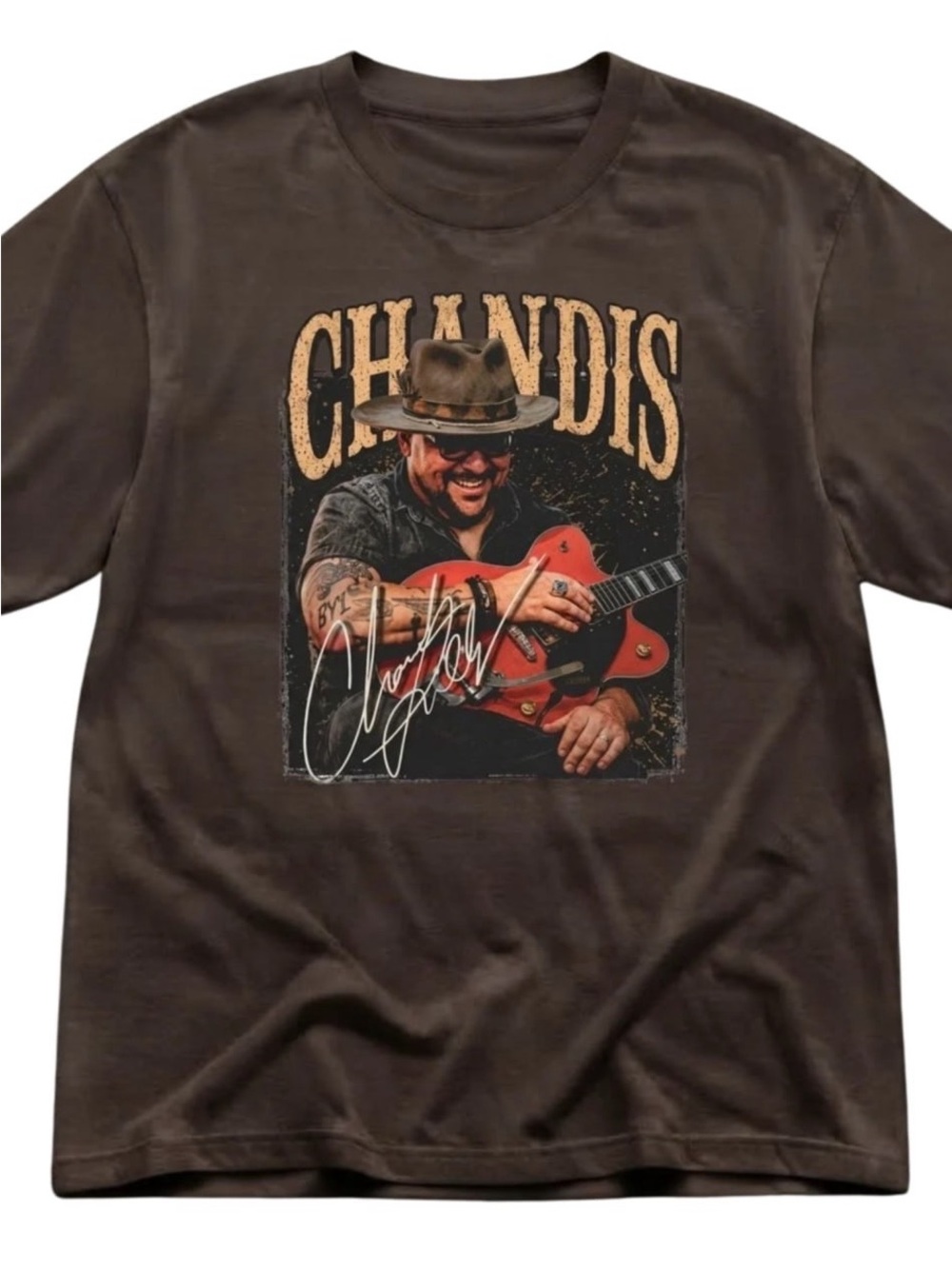 Gildan Brown Tee Channdis Orange Guitar Graphic
